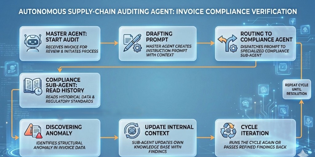 Autonomous supply-chain auditing agent: invoice compliance verification workflow showing master agent, compliance sub-agent, and repeat cycles that multiply token use.